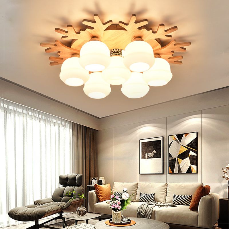 White Bud Shade Ceiling Mount Light with Beige Antlers Lovely Wooden Ceiling Lamp for Kid Bedroom