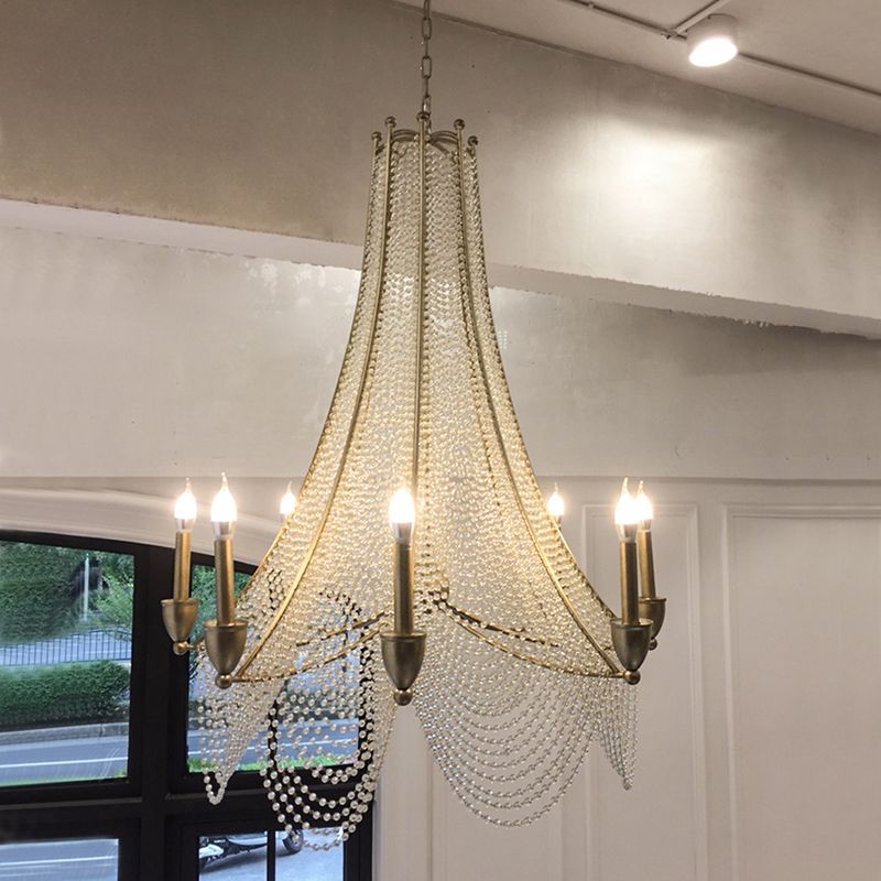 Candle Metal Chandelier Lighting Rural Kitchen Hanging Lamp with Crystal Draping