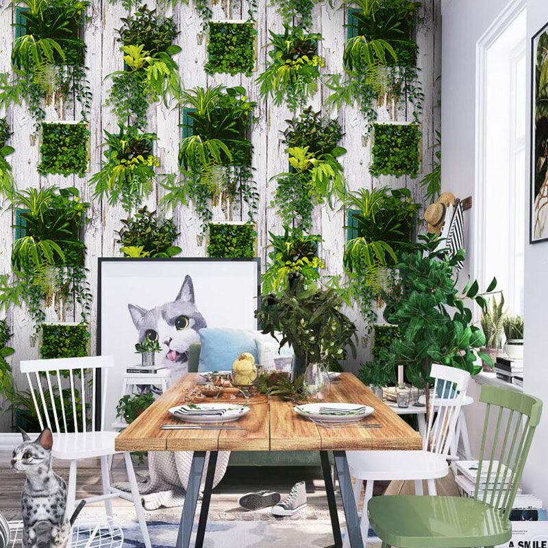 Faux Wood and Plant Wallpaper in Green Non-Woven Fabric Wall Art for Accent Wall, 20.5"W x 33'L