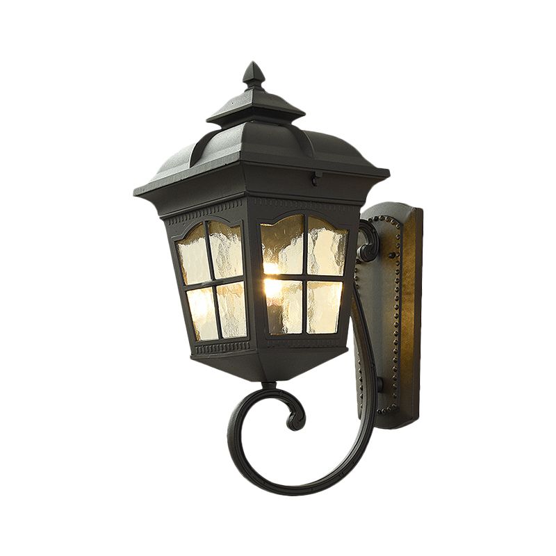 1 Light Seedy Glass Wall Lamp Antique Black Lantern Doorway Wall Light with Up/Down Curved Arm, 10"/12.5" W