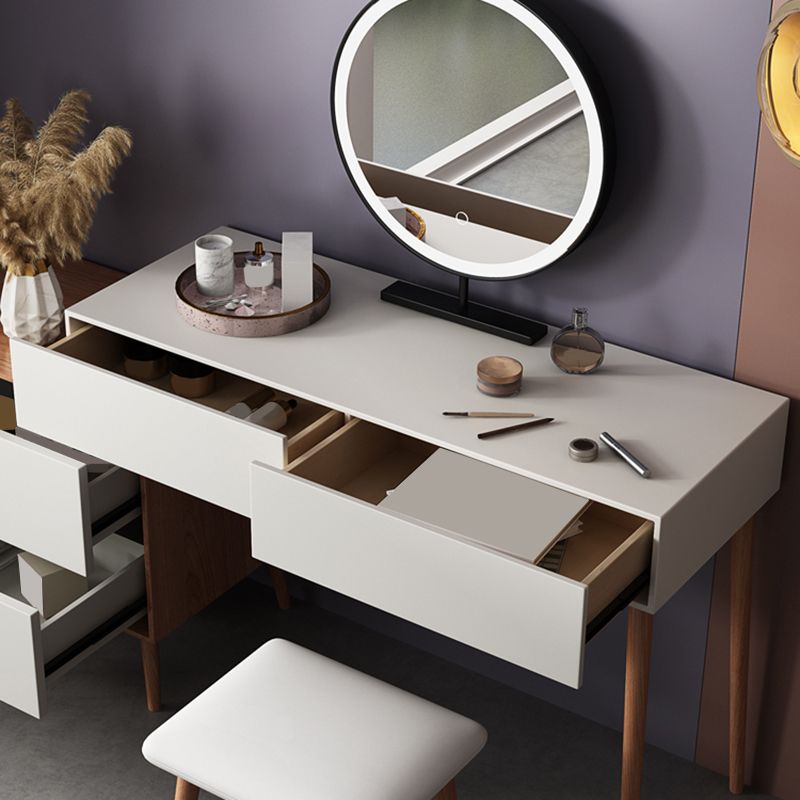 Contemporary Vanity Table and Stool Set With Mirror, Wood Makeup Vanity Set