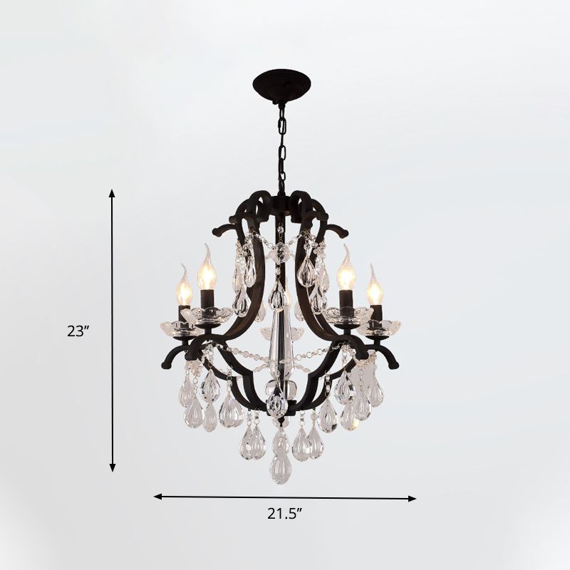 Metallic Black Pendant Chandelier Scroll Arm 5/6-Head Traditional Hanging Ceiling Light with Crystal Drop