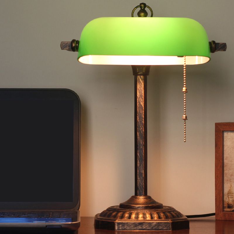 Bronze Rectangle Nightstand Light Traditional Green Glass 1 Bulb Bedroom Reading Book Lamp with Pull Chain