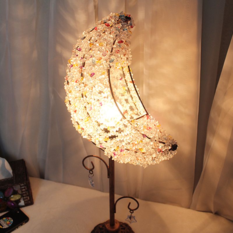 Lampada da comodino per camera da letto a forma di luna Lampada da comodino in metallo bohémien con 1 lampadina bianca/gialla