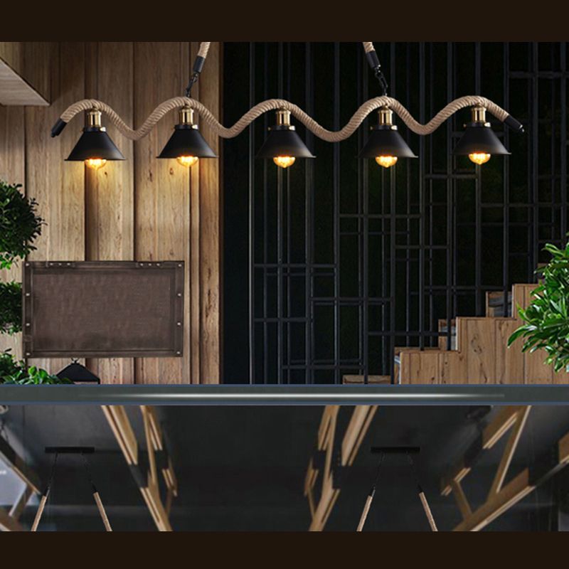 Black Exposed Bulb Island Penderant Light in Industrial Retro Style Stiil Light Light con corda di canapa