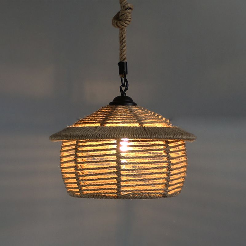 Beige Pendant Light Fixture Industrial Style Rope Shaded Hanging Light Fixture for Restaurant