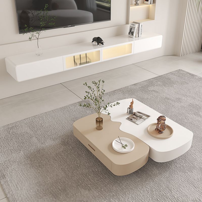 Abstract Coffee Cocktail Table with Storage White Wooden Modern