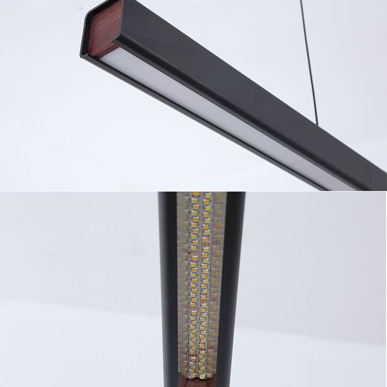 Black Long Strip Minimalism LED Island Light Aluminum + Walnut Nordic Style Suspension Lighting Fixture for Dining Room