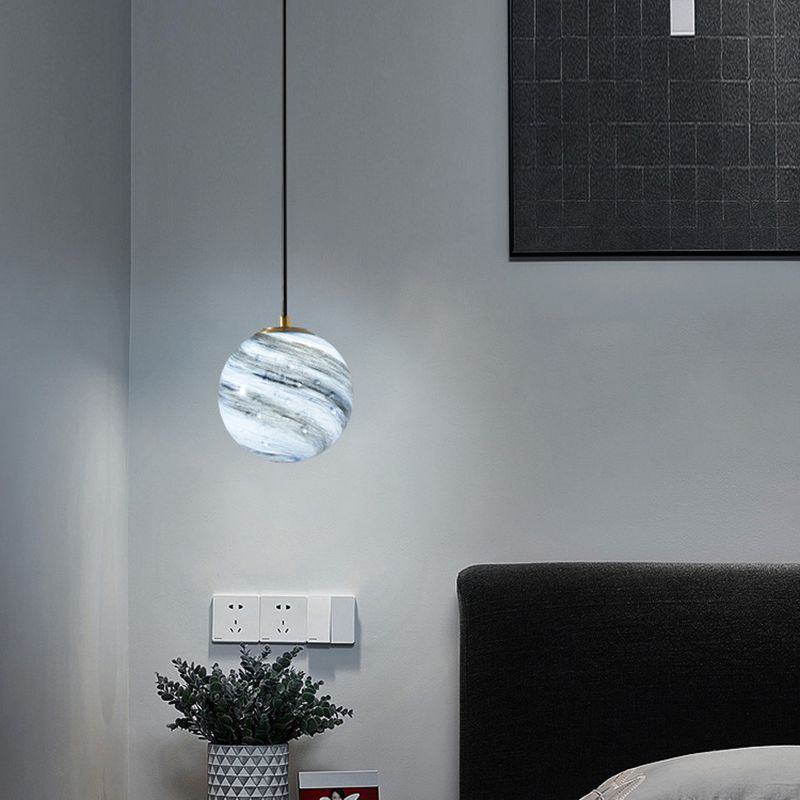 Stained Glass Planet Hanging Lamp Minimalist 1-Light Down Lighting Pendant for Bedroom