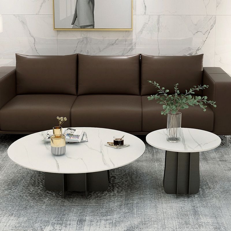 Modern Style White Slate & Grey Glass Top Iron Craft Round Coffee Table