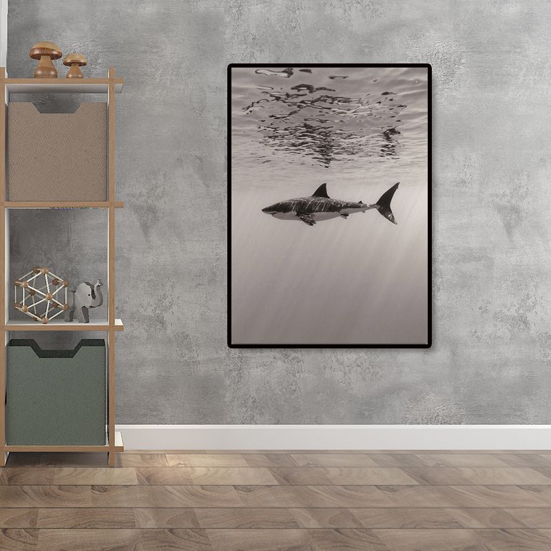 Grey Shark Wall Art Decor Underwater World Modern Textured Canvas Print for Dining Room