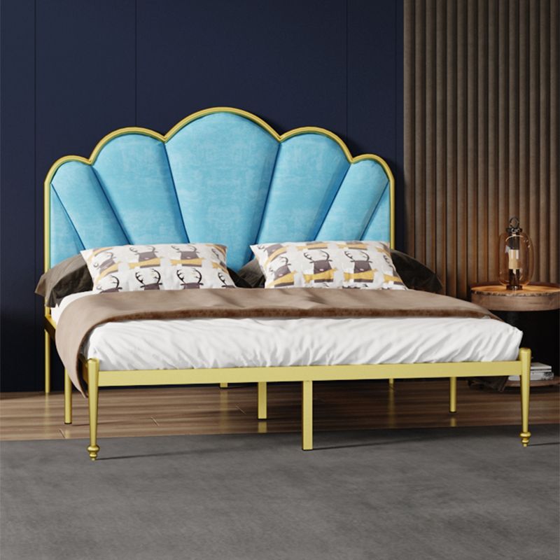 Glam Metal Panel Bed with Fabric Camelback Upholstered Headboard