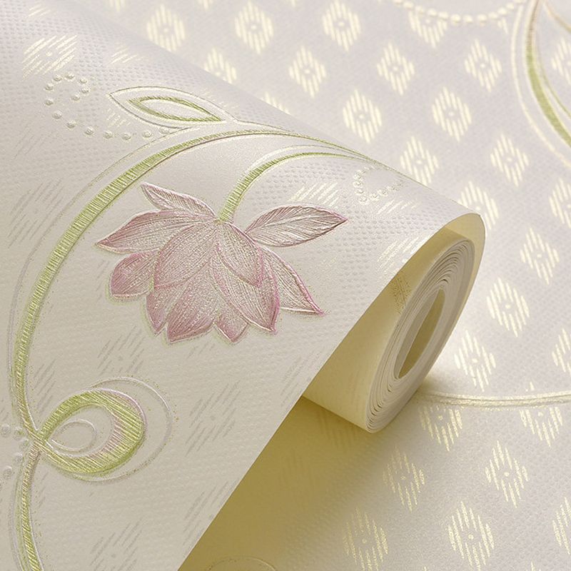 Rural Flower Lotus Wallpaper Roll Soft Color Stain Resistant Wall Art for Bedroom