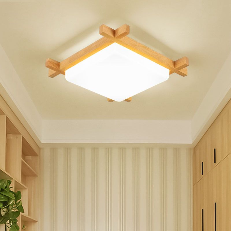 Wood Chessboard Shaped Flush Mount Nordic 15"/16.5"/20.5" Wide LED Acrylic Ceiling Light Fixture in Warm/White Light