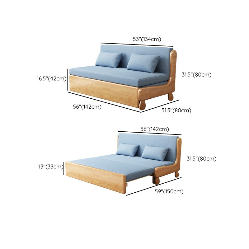 Blue Linen Blend Futon Sleeper Sofa with 2 Pillows and Pillow Back