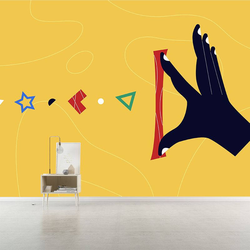 Art Deco Hand Wall Mural in Black on Yellow Moisture Resistant Wall Covering for Accent Wall