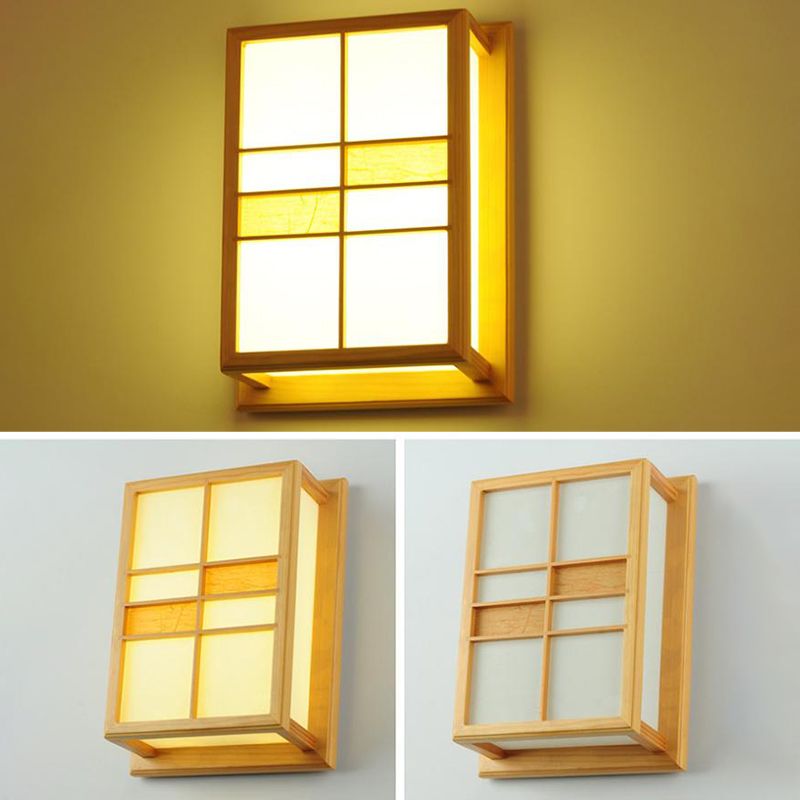 Square Shape Wooden Wall Sconce 1-Light Simple Wall Mount Lamp for Living Room