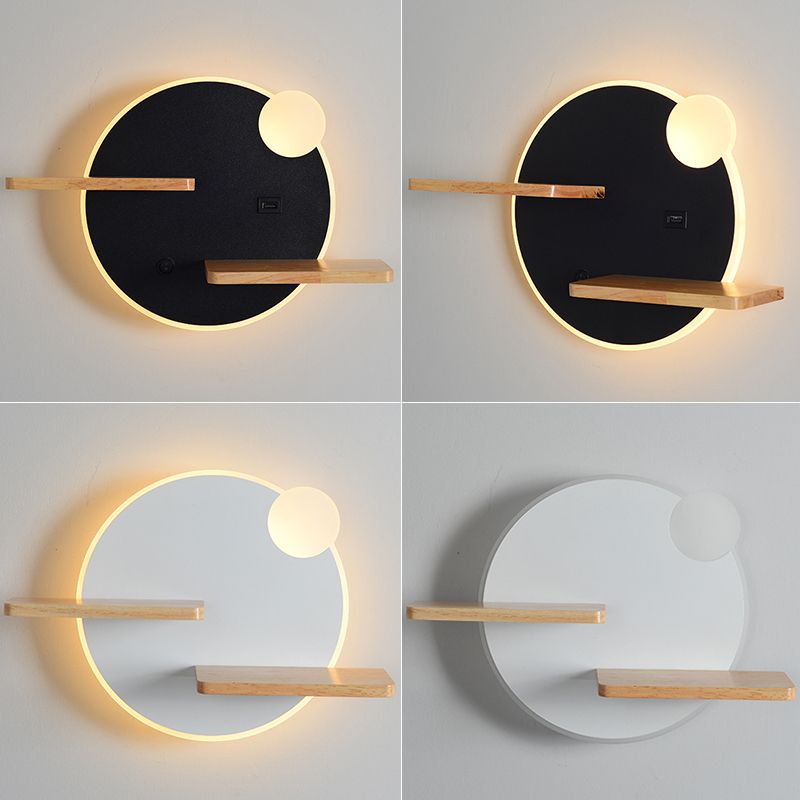 Geometric Shaped Wall Light Modern Acrylic Bedroom LED Sconce Light with Wooden Rack