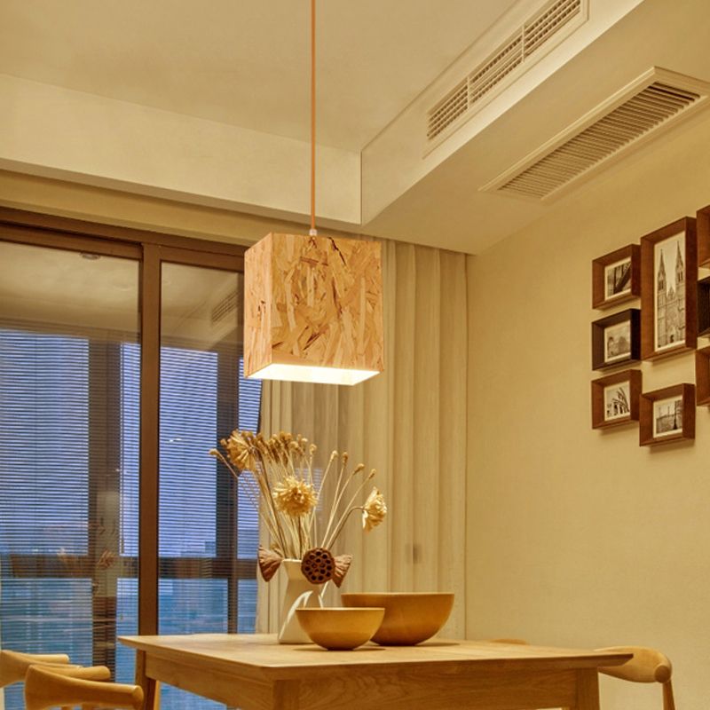 Cube Stranded Wood Ceiling Light Simple 1 Bulb Beige Hanging Light Fixture over Dinette