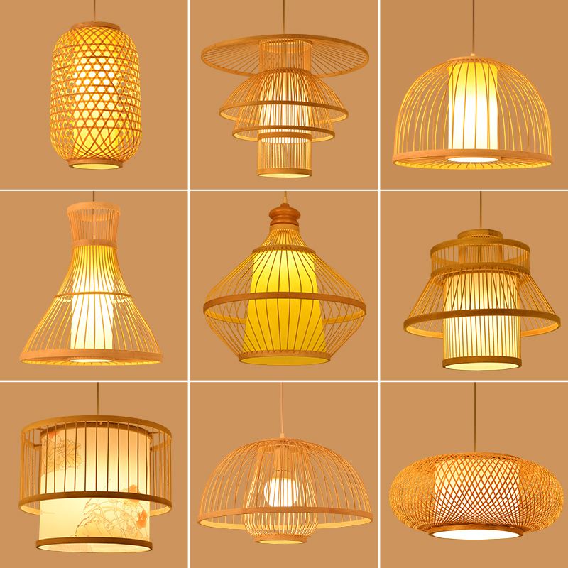 Asia Lantern Pendant Lighting Bamboo 1 Bulb Restaurant Hanging Light in Wood