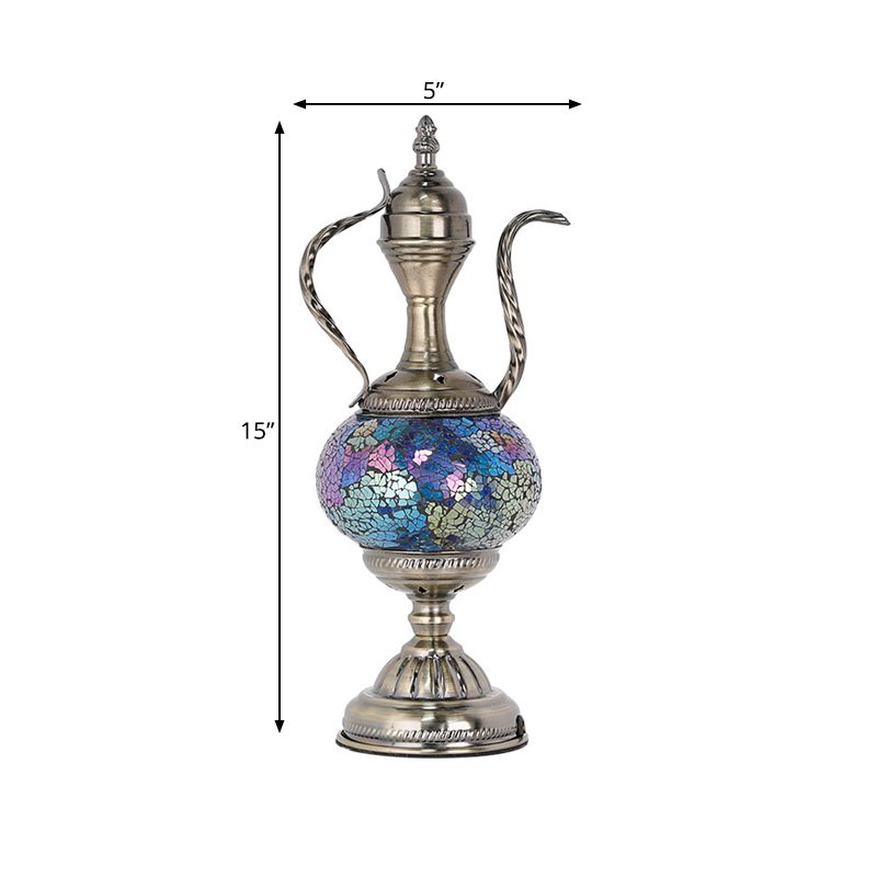 Vintage Teapot Shaped Night Table Lamp 1 Bulb Pink/Purple/Blue and Purple Stained Glass Nightstand Light for Bedroom