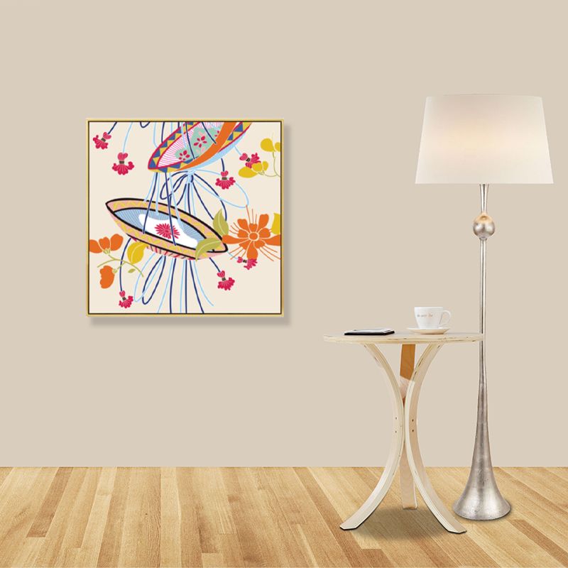 Japanese Style Flower Basket Canvas Orange Still Life Drawing Wall Art for Bedroom