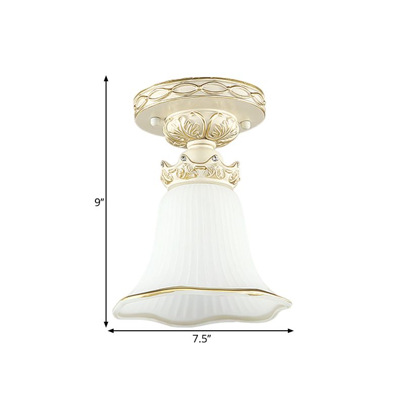 White 1 Head Flush Mount Light Vintage Milky Glass Ridged Flower Ceiling Fixture with Crown Design