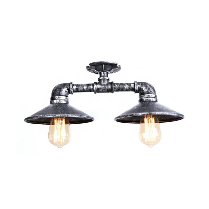 Platillo de hierro forjado, lámpara semiempotrada, estilo industrial, 2 luces, lámpara de montaje en techo para sala de estar, en bronce/plata envejecida