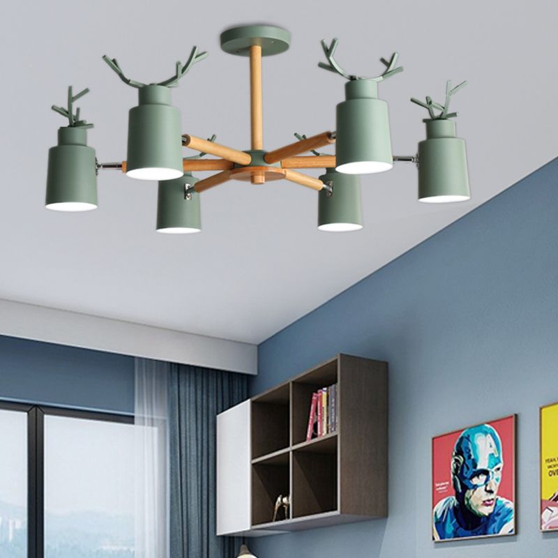 Nordic Cylinder Pendant Light with Antlers Six Lights Wood Chandelier in Green for Kindergarten