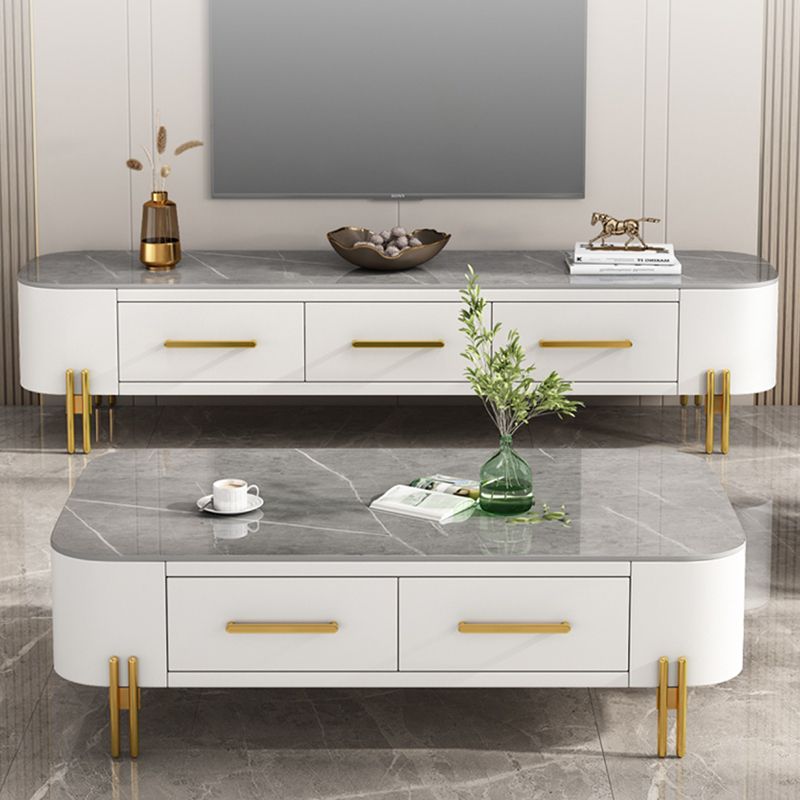 Modern Metal 4 Legs Cocktail Table Rectangle Slate Coffee Table with 2 Drawers