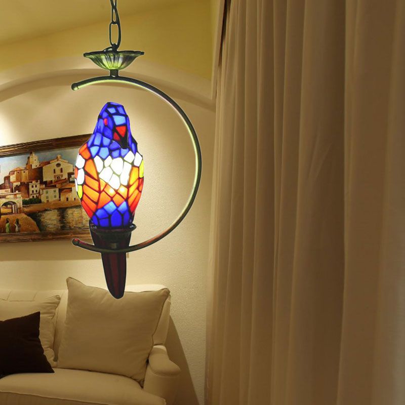 Blue/Green Parrot Suspension Pendant Light Tiffany Style 1 Light Stained Art Glass Ceiling Lamp for Bedroom
