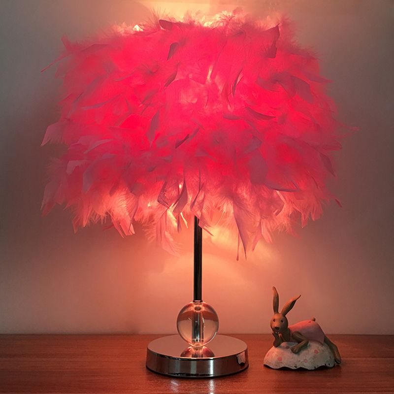 Cylinder Feather Table Lamp Contemporary 1 Bulb Red/Pink/Burgundy Night Stand Light with Crystal Ball
