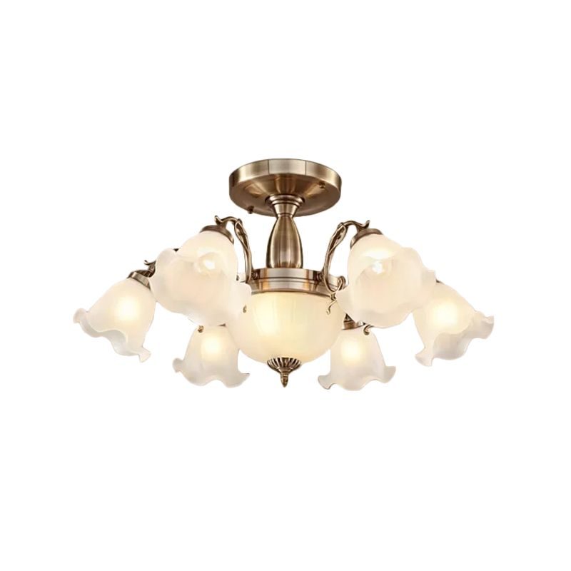 Bronze/Copper 8 Bulbs Semi Flush Light Rustic Opal Frosted Glass Ruffled Ceiling Mount Chandelier