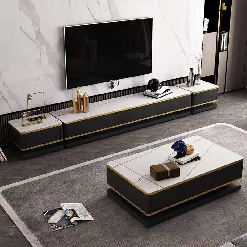 Rectangle Cocktail Table with 4 Solid Wood Drawers and Stone Top