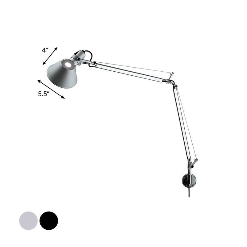 1 Glühbirnenkegelschatten Wandmontierte Lampe Industrielle Schwarz/Silber -Aluminium -Aufgabe Wandleuchte mit Schwung Arm