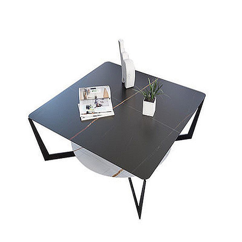 Modern Style Cocktail Table Rock Slate Top with Storage Rack Rectangular Coffee Table