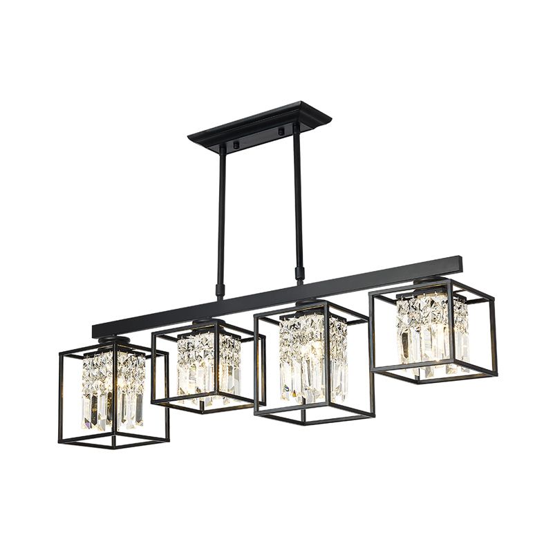 Tri-Sided Crystal Rod Black Hanging Ceiling Light Square 3/4 Heads Contemporary Island Lamp