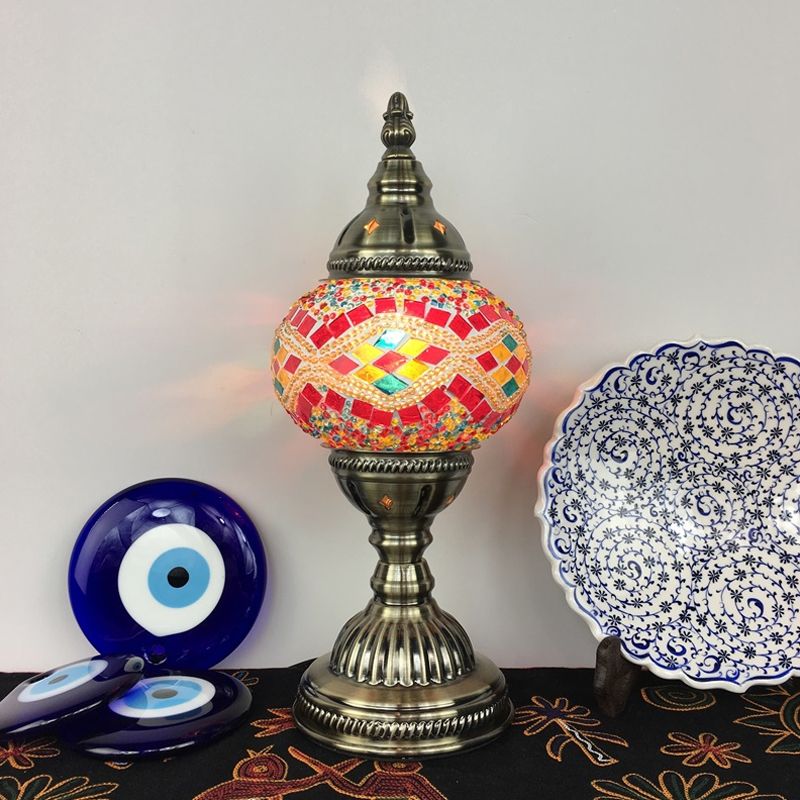 Single Night Stand Light Turkish Bedroom Table Lamp with Spherical Yellow/Red/Blue Glass Shade in Bronze