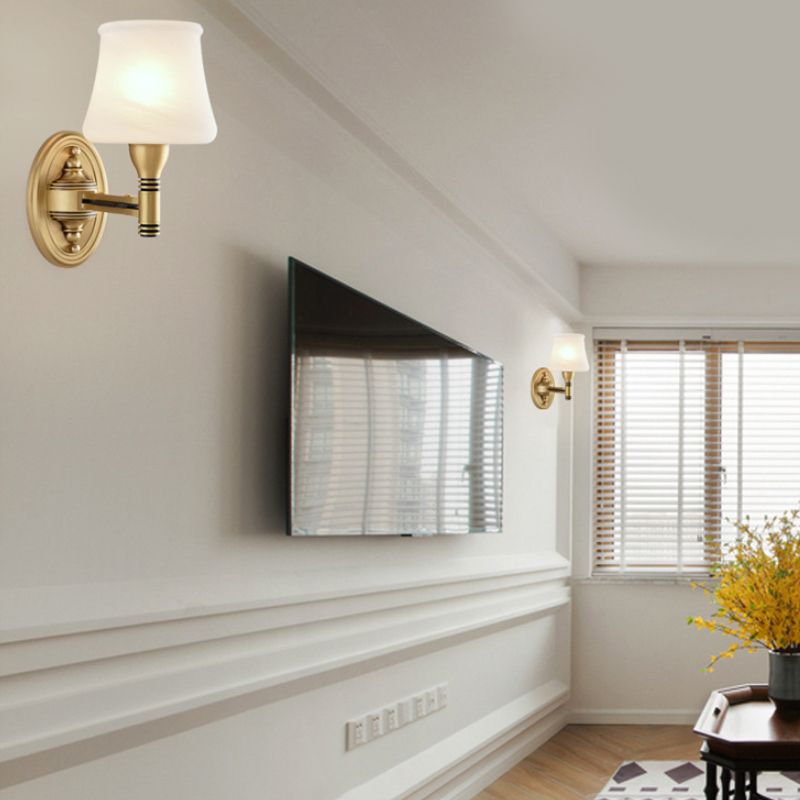 Brass Finish 1/2-Bulb Wall Light Vintage Stylish Milk Glass Cone Shade Wall Sconce Fixture for Bedroom