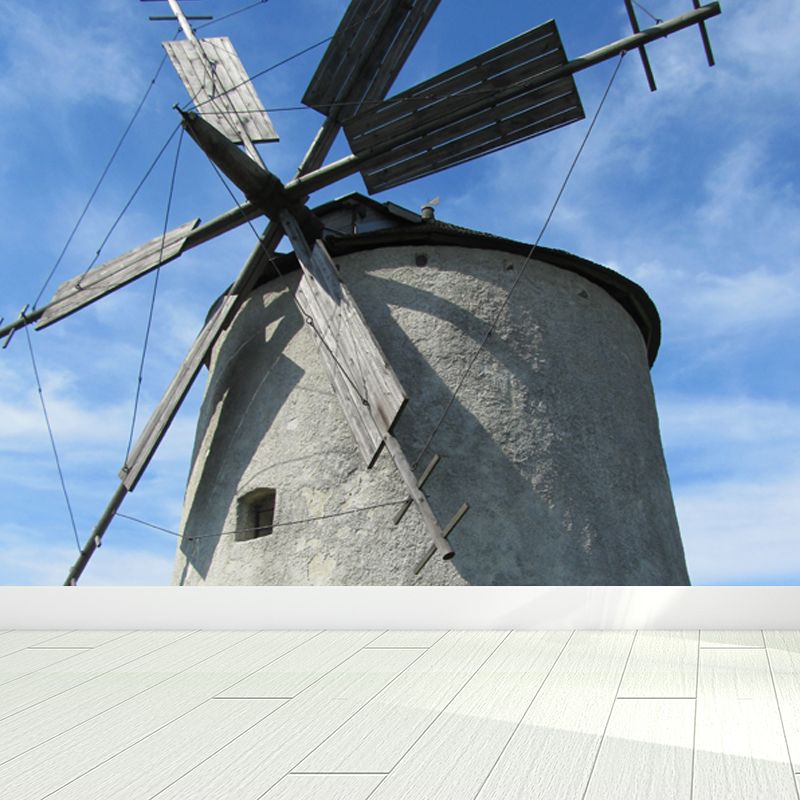 Giant Contemporary Wall Mural in Blue Windmill and Sky Scene Wall Decor, Custom Printed
