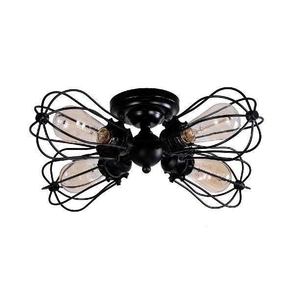 Bulb Shaped Iron Semi Flush Ceiling Light with Wire Guard Vintage Style 3/4/5 Lights Indoor Ceiling Light in Black/Silver