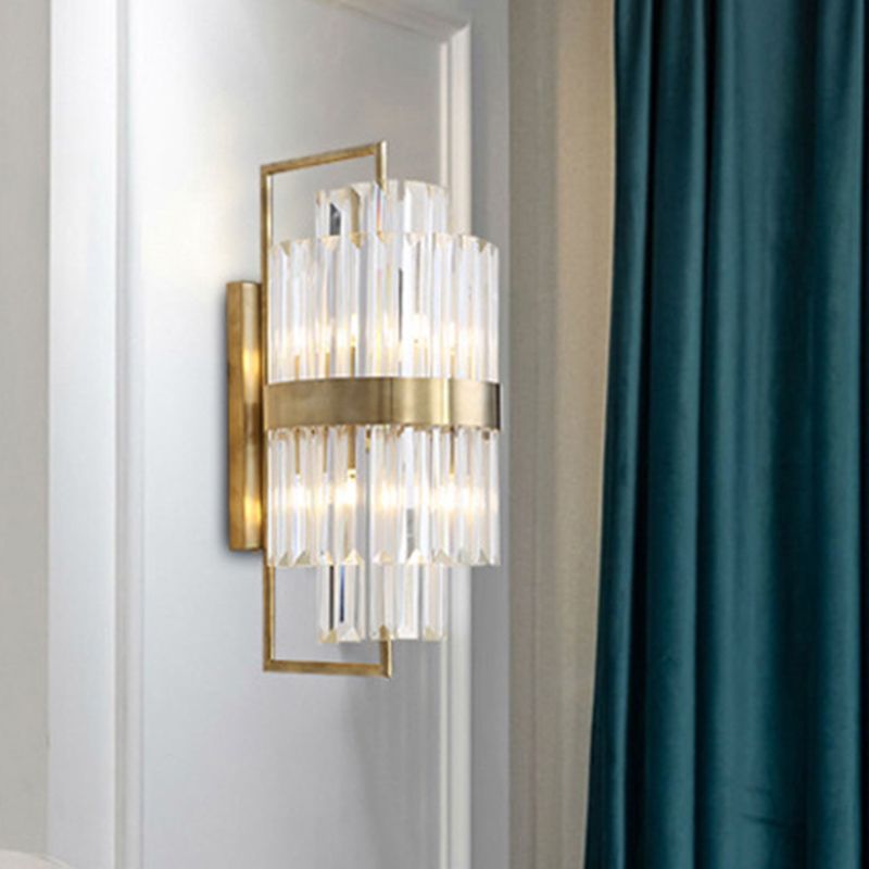 Cylinder Wall Light Sconce Postmodern Crystal Block 2 Lights Corridor Sconce Light in Gold