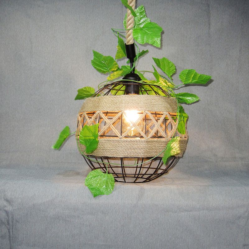 1-Light Iron Plant Hanging Lamp Vintage Beige Globe Restaurant Lighting Pendant with Rope Detail
