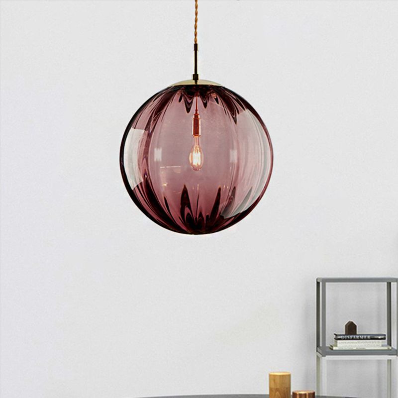 Sphere Pendant Lighting Modern Blue/Purple/Smoky Ribbed Glass 1 Light Led Hanging Ceiling Lamp for Bedroom