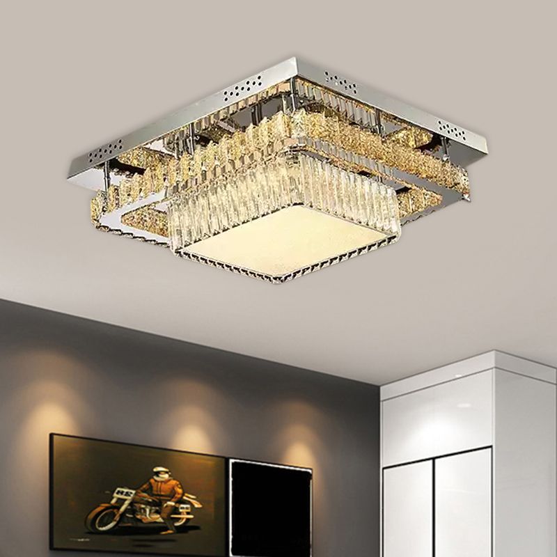 Chrome Round/Square Ceiling Lighting Contemporary Crystal Block LED Flush-Mount Light Fixture
