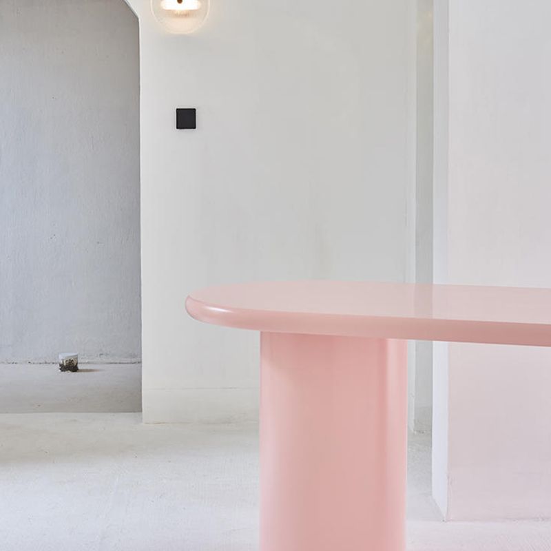 Contemporary Style Wood Office Desk Oval Shape Task Desk with 2 Legs in Pink