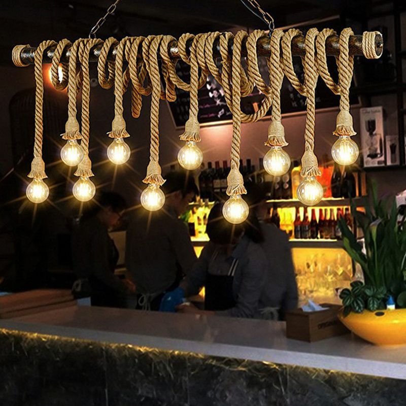 Natural Rope Light-Brown Island Lamp Bare-Bulb Design Industrial Suspension Light Fixture