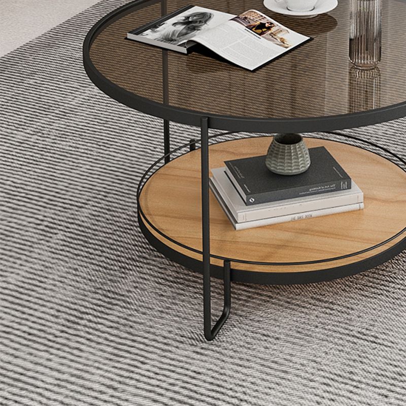 Round Glass Top Coffee Table 17.7" H Iron 3 Legs Cocktail Table with Shelf