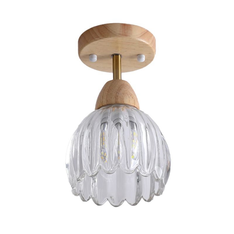 Nordic Flush Mount Flower Ceiling Light Fixture with Wood and Glass for Hallway