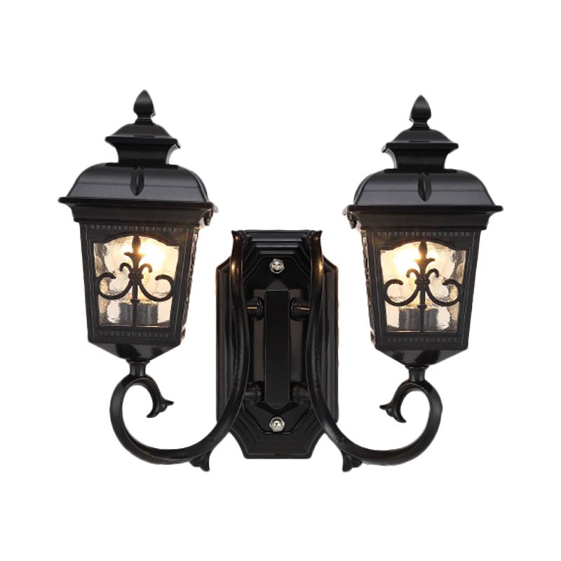 2 Bulbs Lantern Wall Mount Lighting Vintage Black Finish Clear Glass Wall Light Fixture with Curved Arm